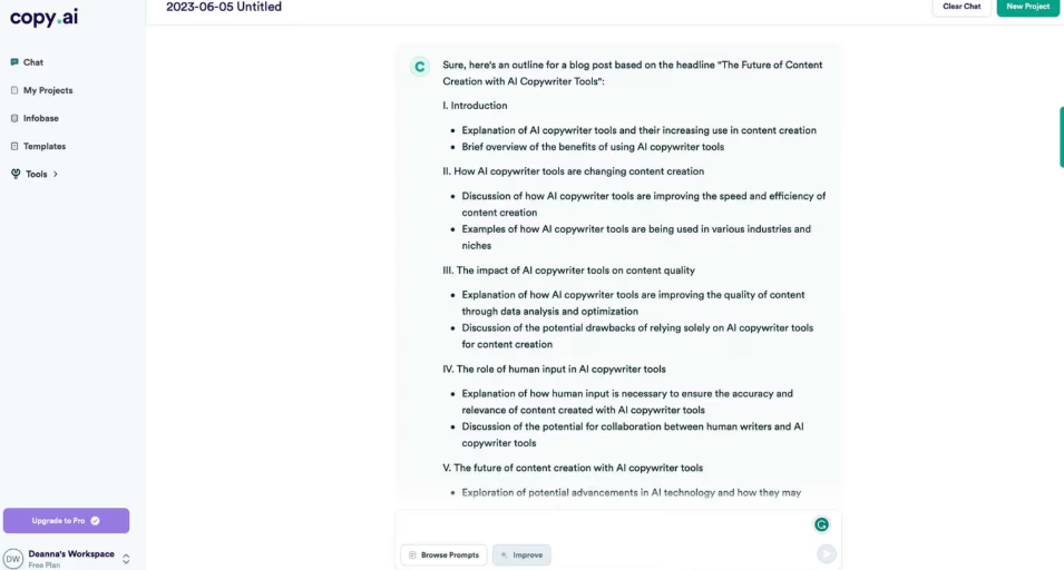 Copy.ai chat interface generating marketing copy with multiple AI model options visible