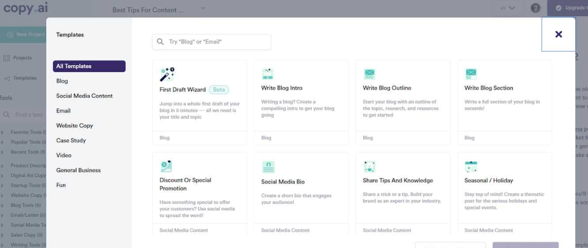 Copy.ai template library showing 90 plus copywriting templates for ads, emails, and social media