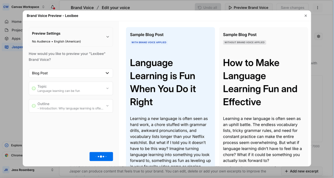 Jasper AI Brand Voice setup screen showing tone analysis and uploaded brand documents