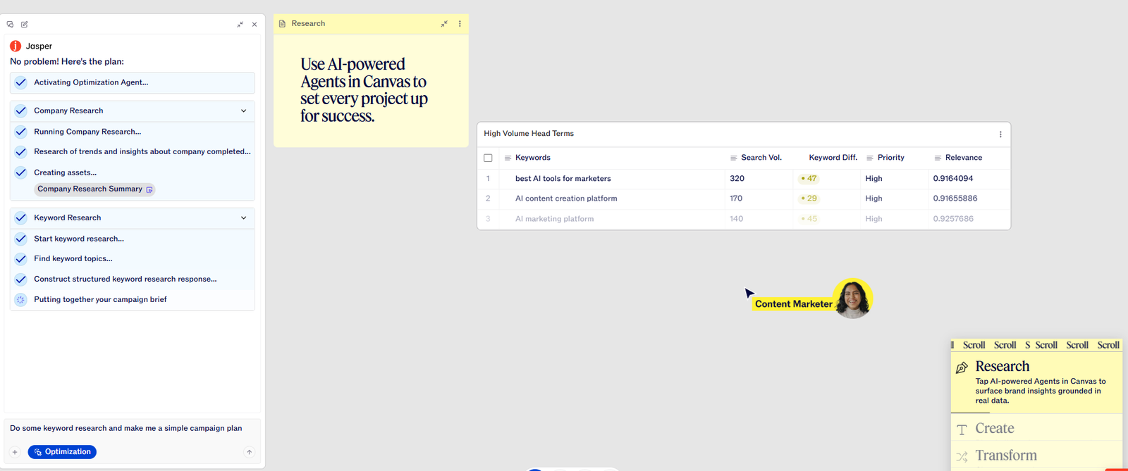 Jasper AI Canvas editor showing a blog post draft with Brand Voice settings active