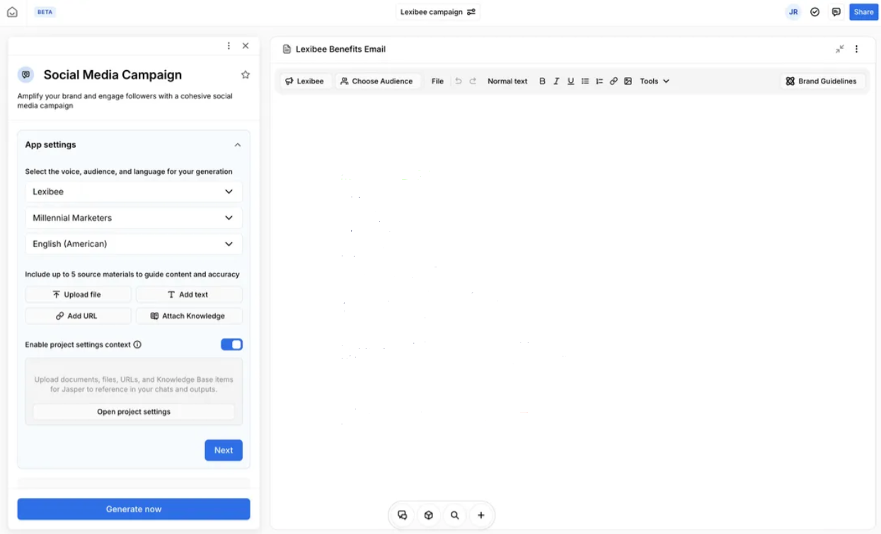 Jasper AI template library with categories for blog posts, ads, emails, and social media content