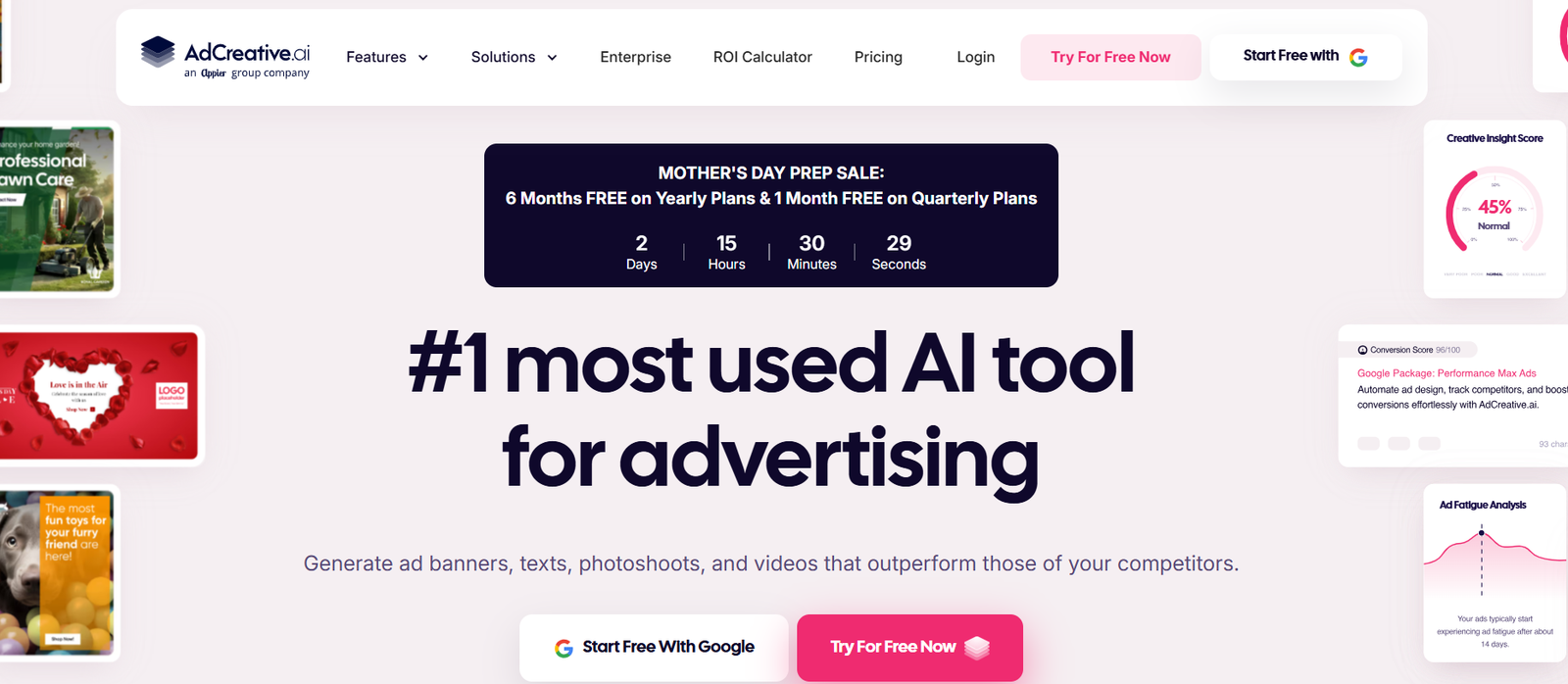 AdCreative.ai dashboard showing AI-generated ad creatives with performance scores, brand presets, and export options for small business advertising