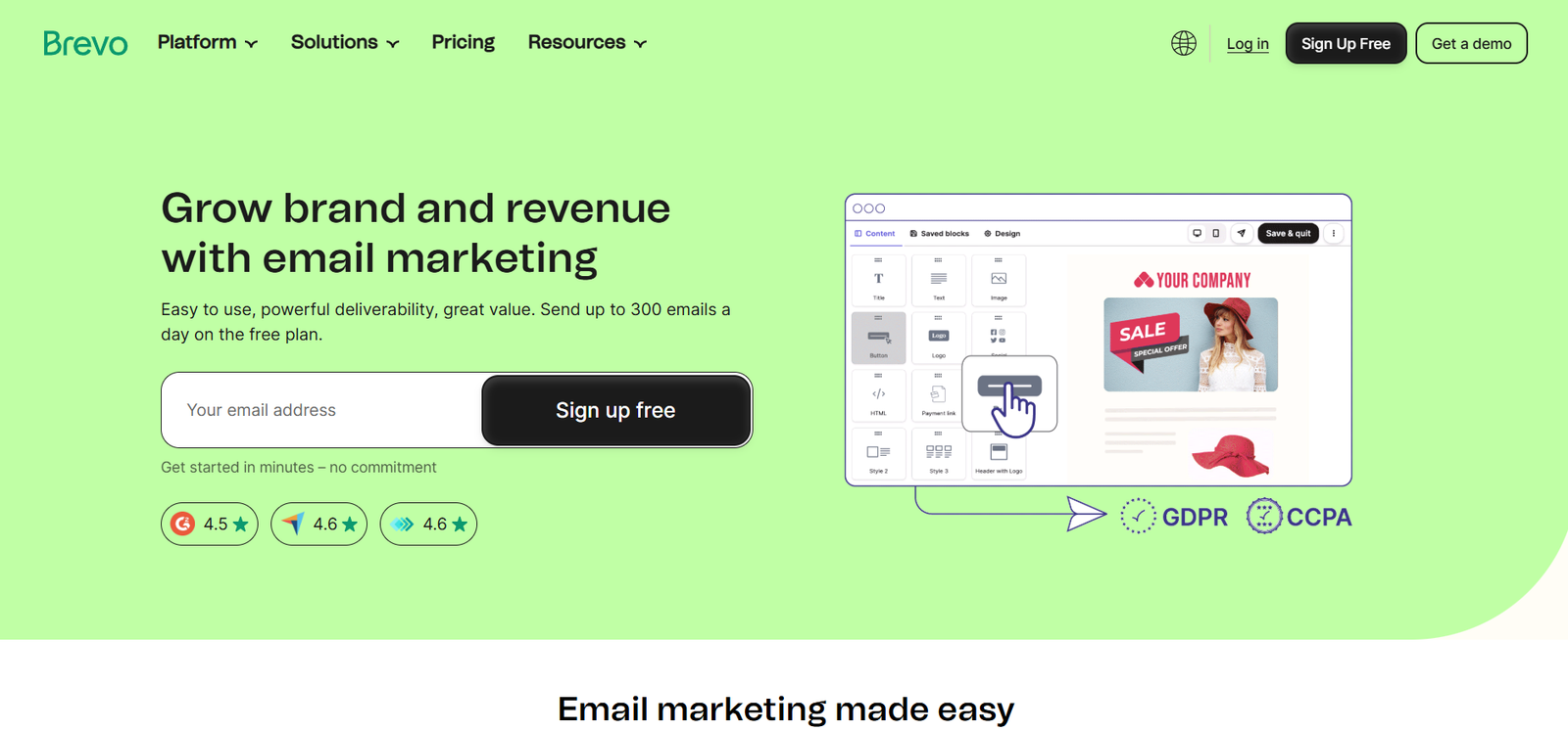 Brevo dashboard showing email marketing, automation, and CRM features