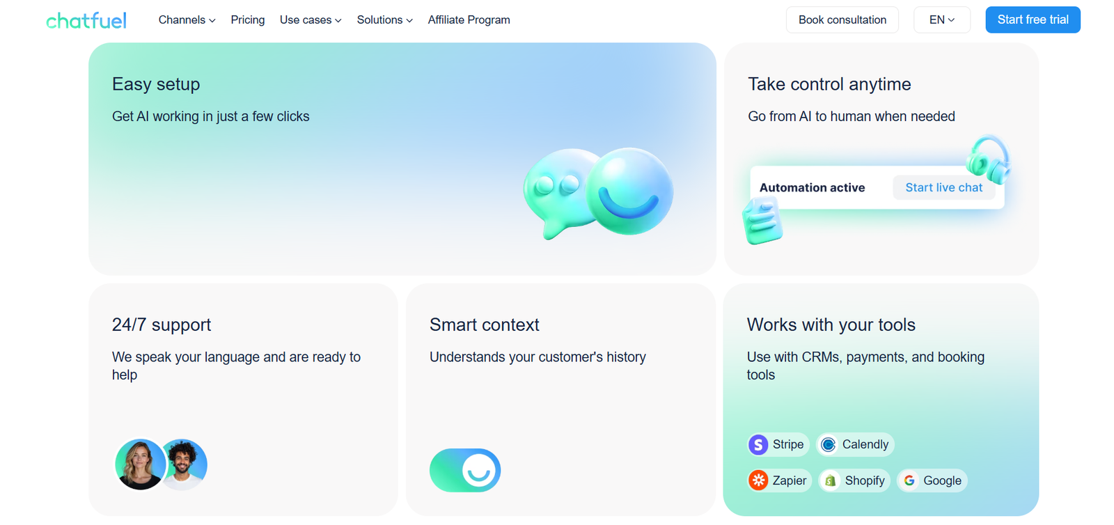 Chatfuel dashboard showing AI chatbot builder for WhatsApp and Instagram automation
