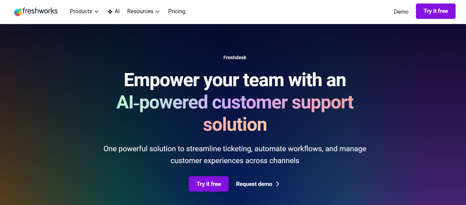 Freshdesk dashboard showing AI-powered ticketing system with Freddy AI agent
