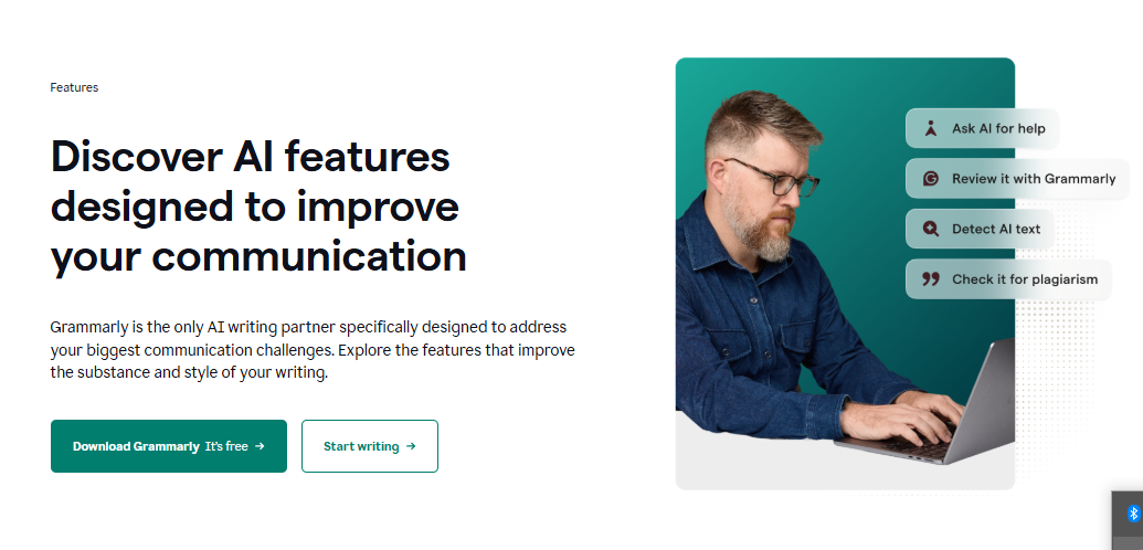 Grammarly writing assistant interface showing real-time grammar corrections, tone detection, and style improvement suggestions