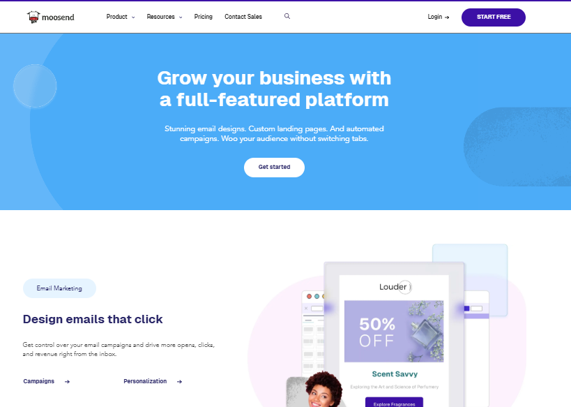 Moosend email marketing dashboard showing campaign editor, automation workflow builder, and analytics with open rates and click heatmap