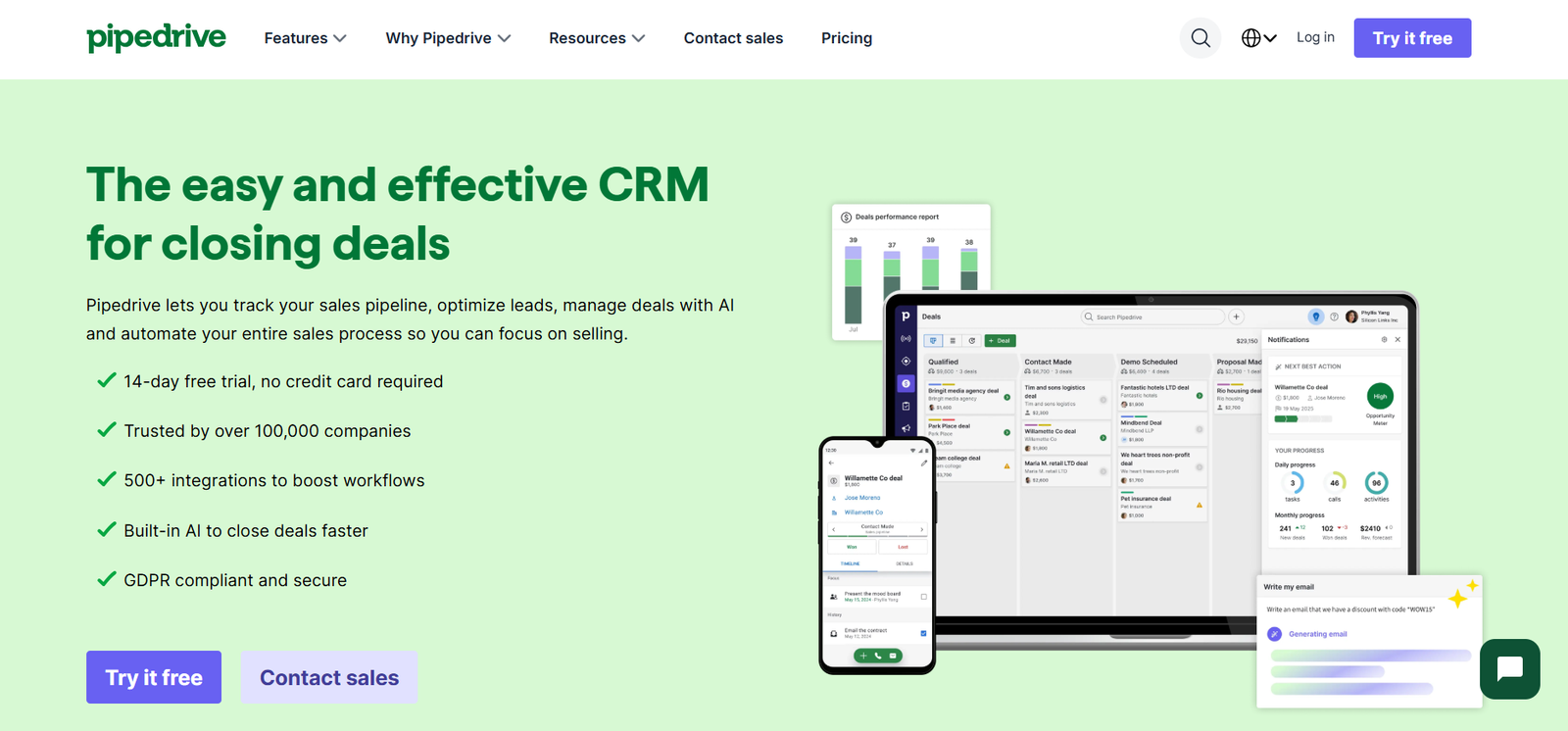 Pipedrive visual sales pipeline dashboard showing deal stages and drag-and-drop interface for small business CRM