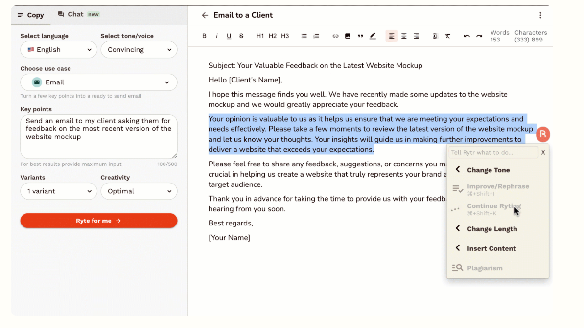 Rytr dashboard showing AI writing assistant with use cases, tone selection, and content generation interface for small business