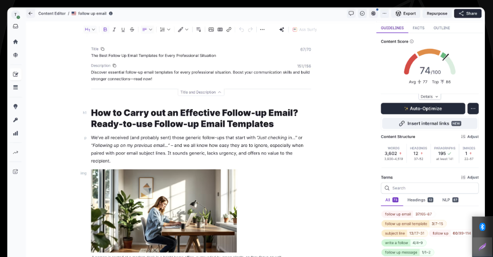Surfer SEO Content Editor interface showing real-time SEO score and keyword recommendations for an article