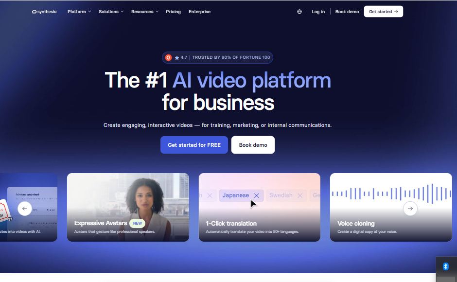 Synthesia video editor showing AI avatar selection, script input area, and scene builder for creating professional business videos
