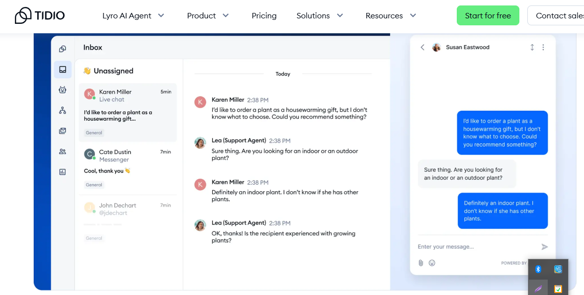 Tidio dashboard showing live chat conversations, Lyro AI chatbot responses, and multichannel inbox with Messenger and email integration