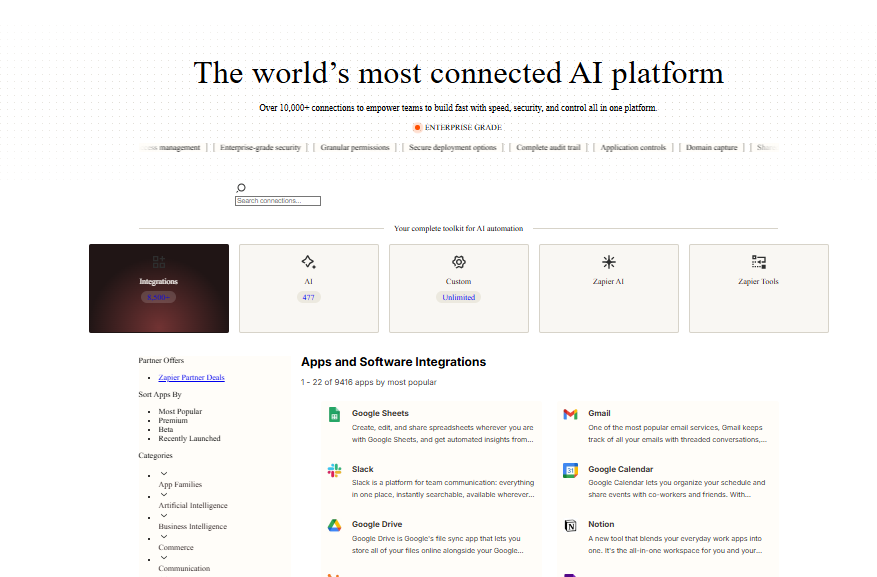 Zapier dashboard showing automated workflow builder with connected apps, triggers, and multi-step action sequences