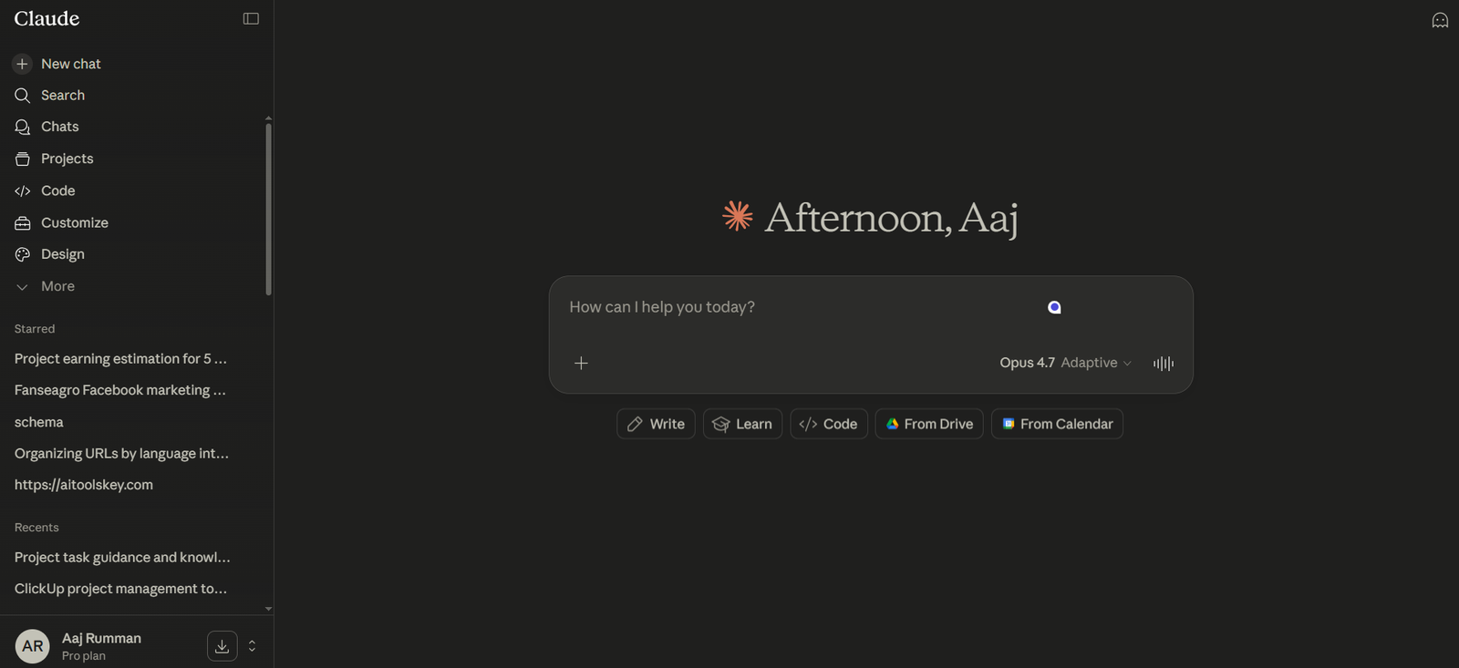 Claude AI for small business dashboard showing Projects, Artifacts, and chat interface