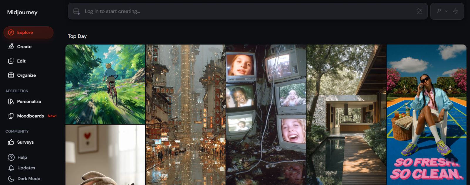 Midjourney for small business web editor showing V7 image generation with prompt bar, variation grid, and style tuner