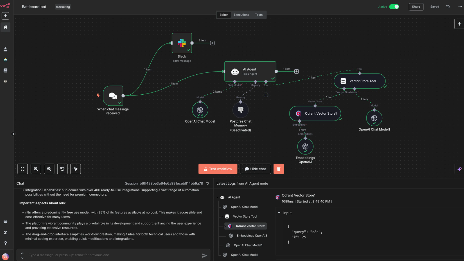 n8n dashboard for small business showing the visual workflow editor with connected automation nodes in 2026