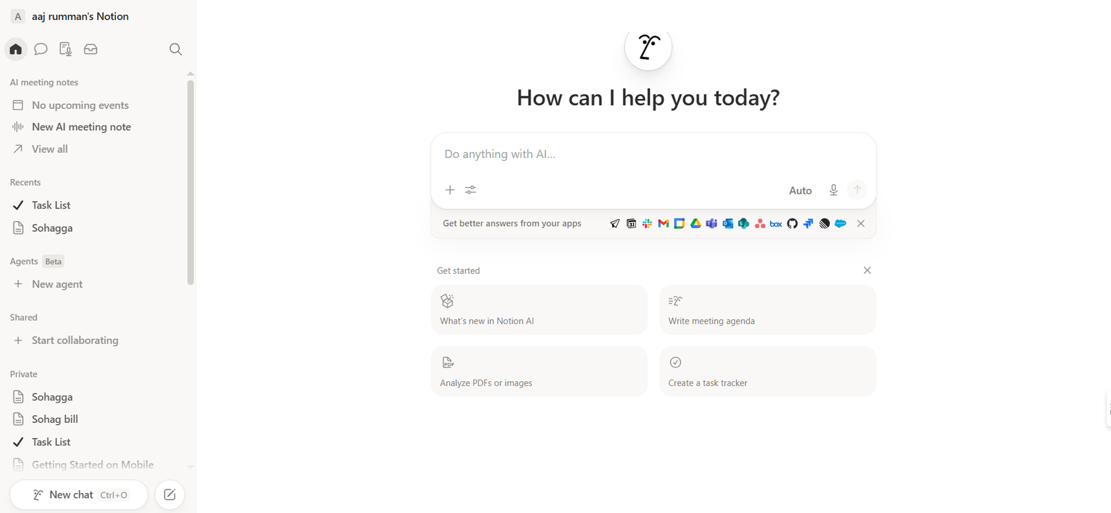 Notion AI for small business dashboard showing Ask Notion AI search across workspace pages and database autofill