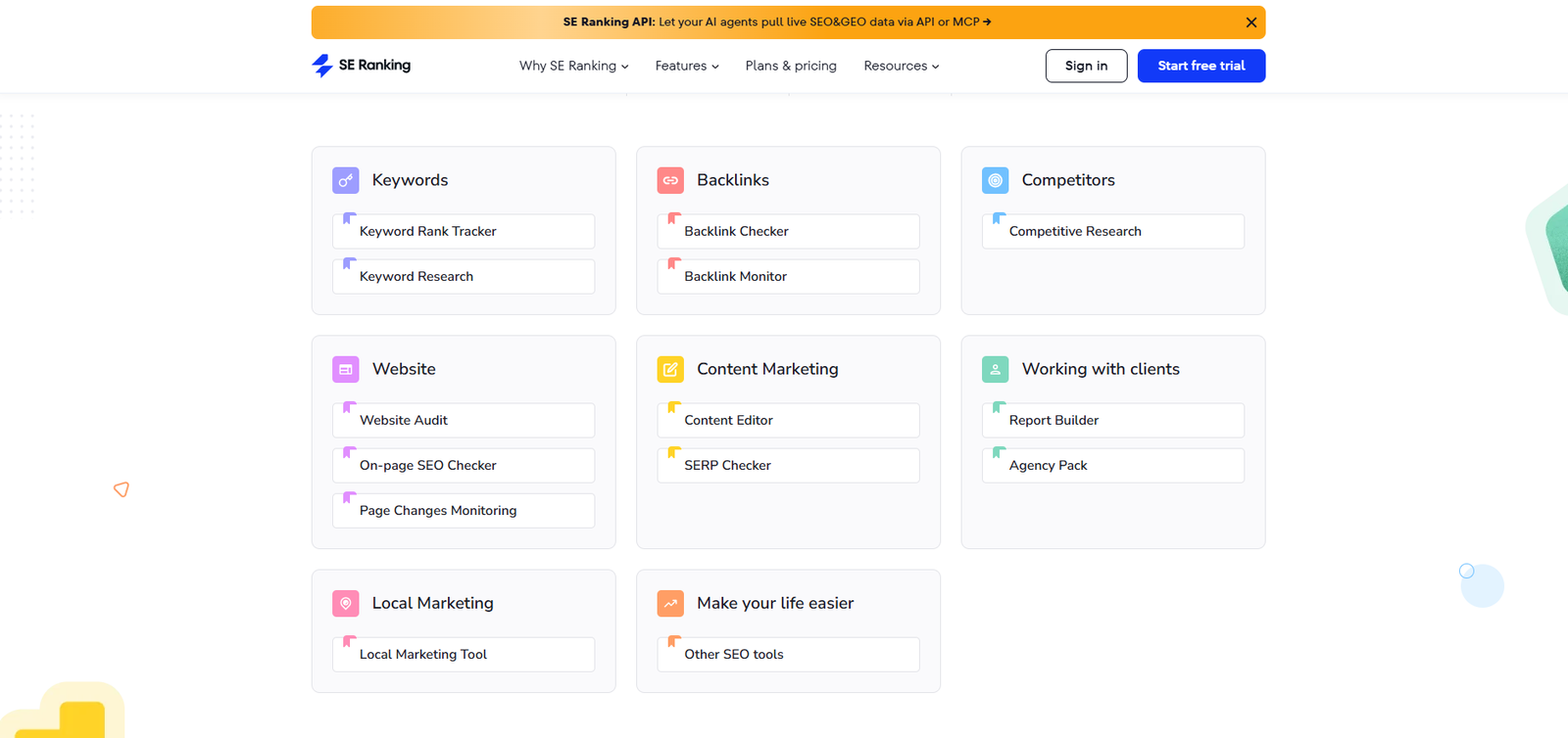 SE Ranking for small business dashboard showing project overview with rank tracker positions, visibility chart, and quick access to Site Audit and Backlink Checker
