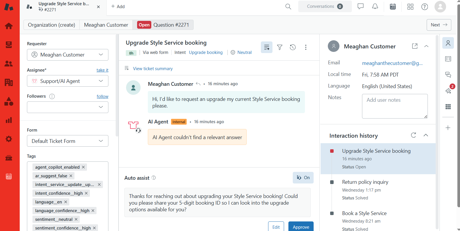 Zendesk dashboard for small business showing the omnichannel agent workspace and AI agent panel in 2026