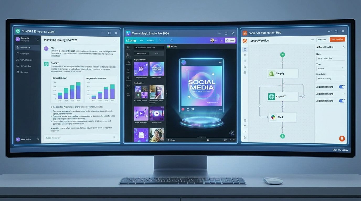 Side by side view of ChatGPT, Canva Magic Studio, and Zapier dashboards, illustrating a typical small business AI tool stack in 2026
