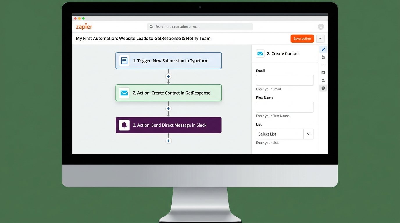Screenshot: Zapier plain-English workflow builder connecting a website form to GetResponse and a notification, illustrating a first small business automation