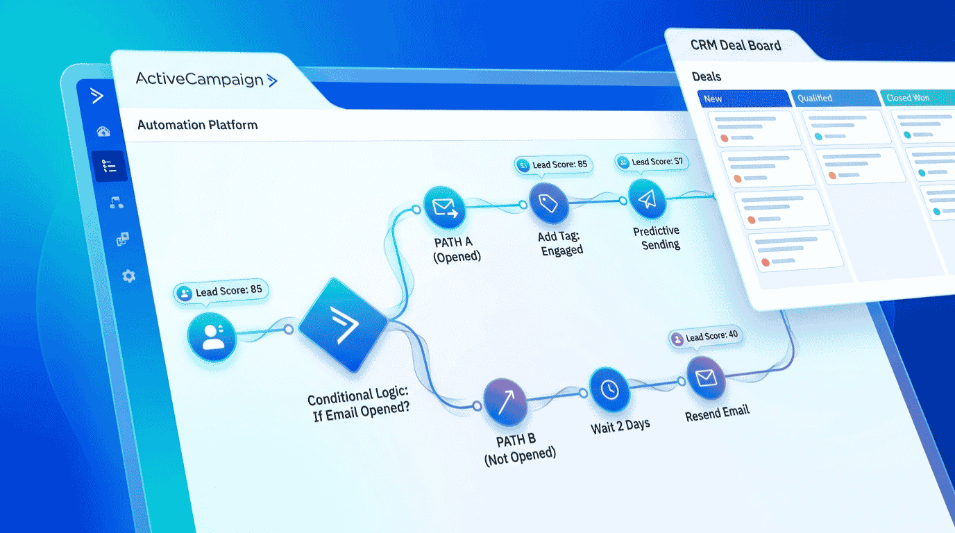 ActiveCampaign review of the visual automation builder showing a multi-step customer journey