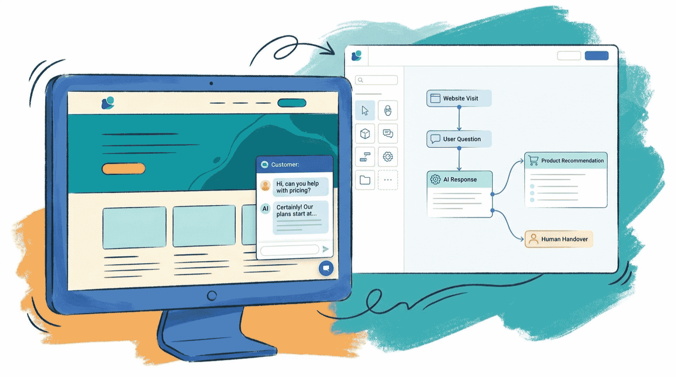 Illustration of an AI chatbot builder interface for small business showing conversation flows and customer messages in 2026