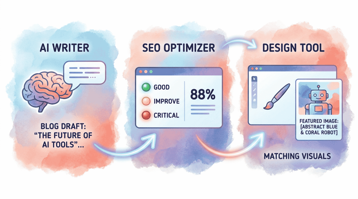 AI content creation workflow showing the best AI tools for writing, SEO, editing, design, and video