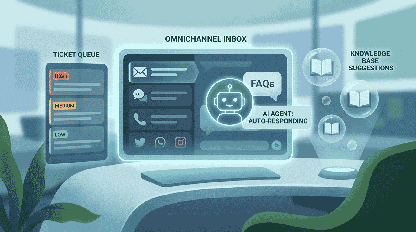 Best AI tools for customer service 2026 help desk showing Tidio live chat, Freshdesk tickets and an AI agent resolving questions