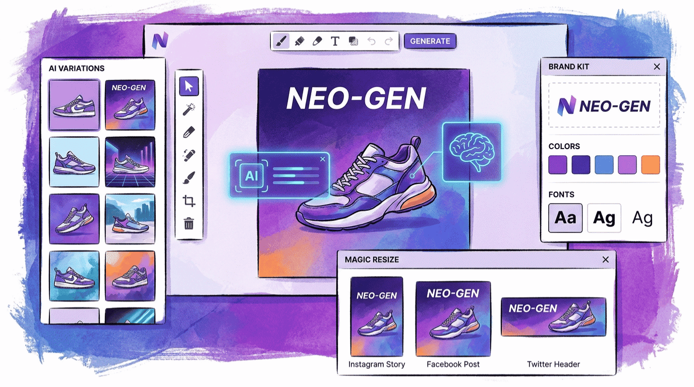 Best AI design tools for small business 2026 workspace showing Canva, Midjourney and AI image generation