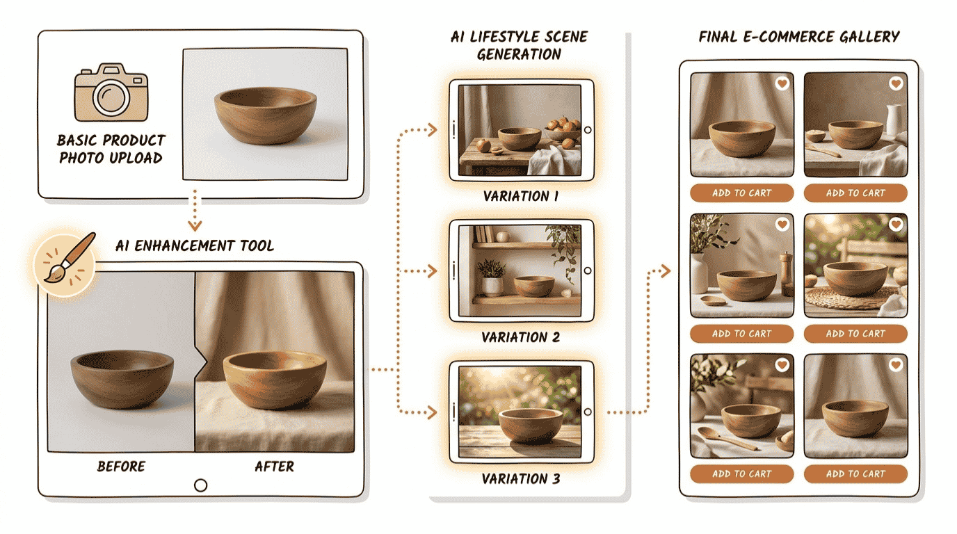 AI ecommerce product photography workflow showing Canva, Midjourney, and DALL-E across five steps