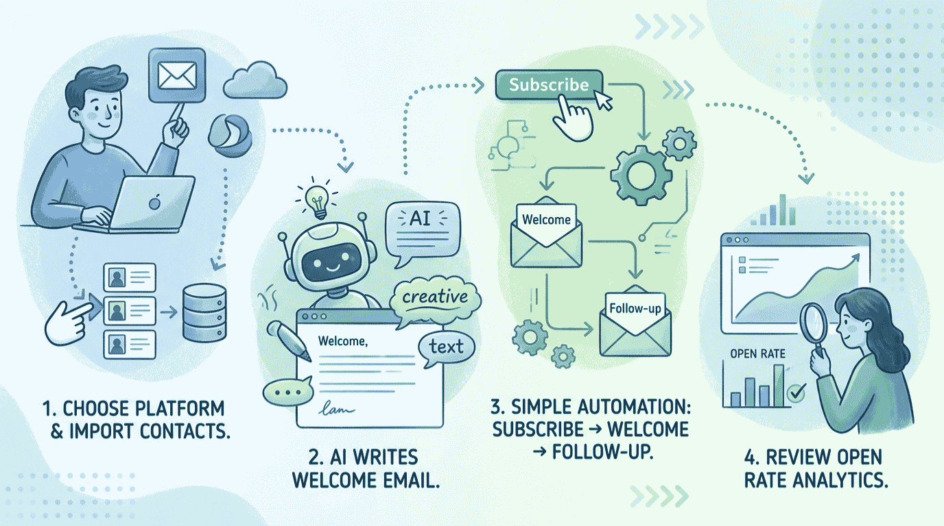 Email marketing automation workflow showing GetResponse, Jasper, Canva, and Zapier across five steps