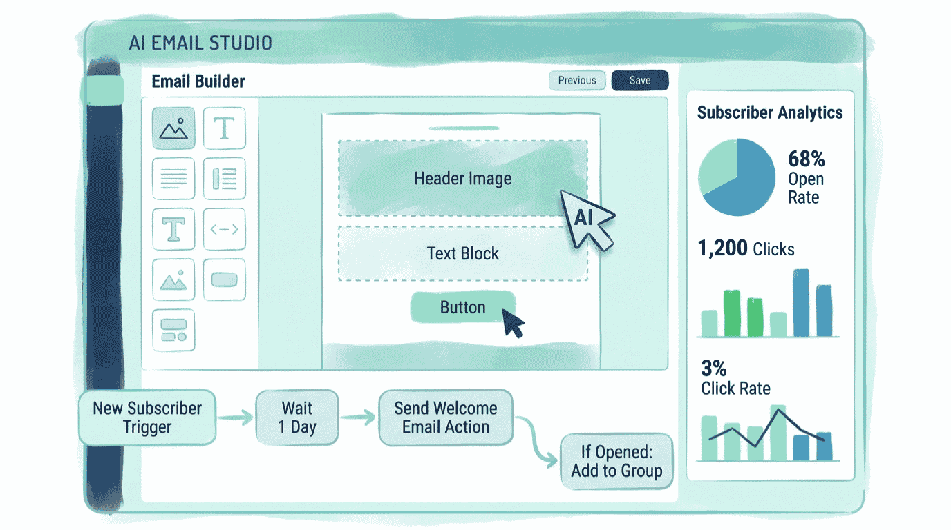 Illustration of an AI email marketing tool interface for small business showing automation, subject lines and analytics in 2026