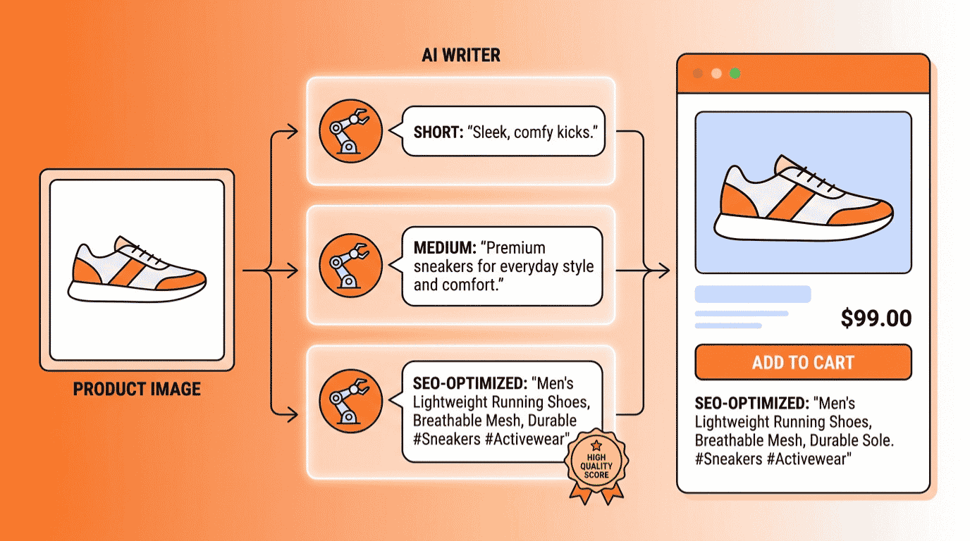 AI tools for writing product descriptions shown as a five-step workflow from product specs to published listing
