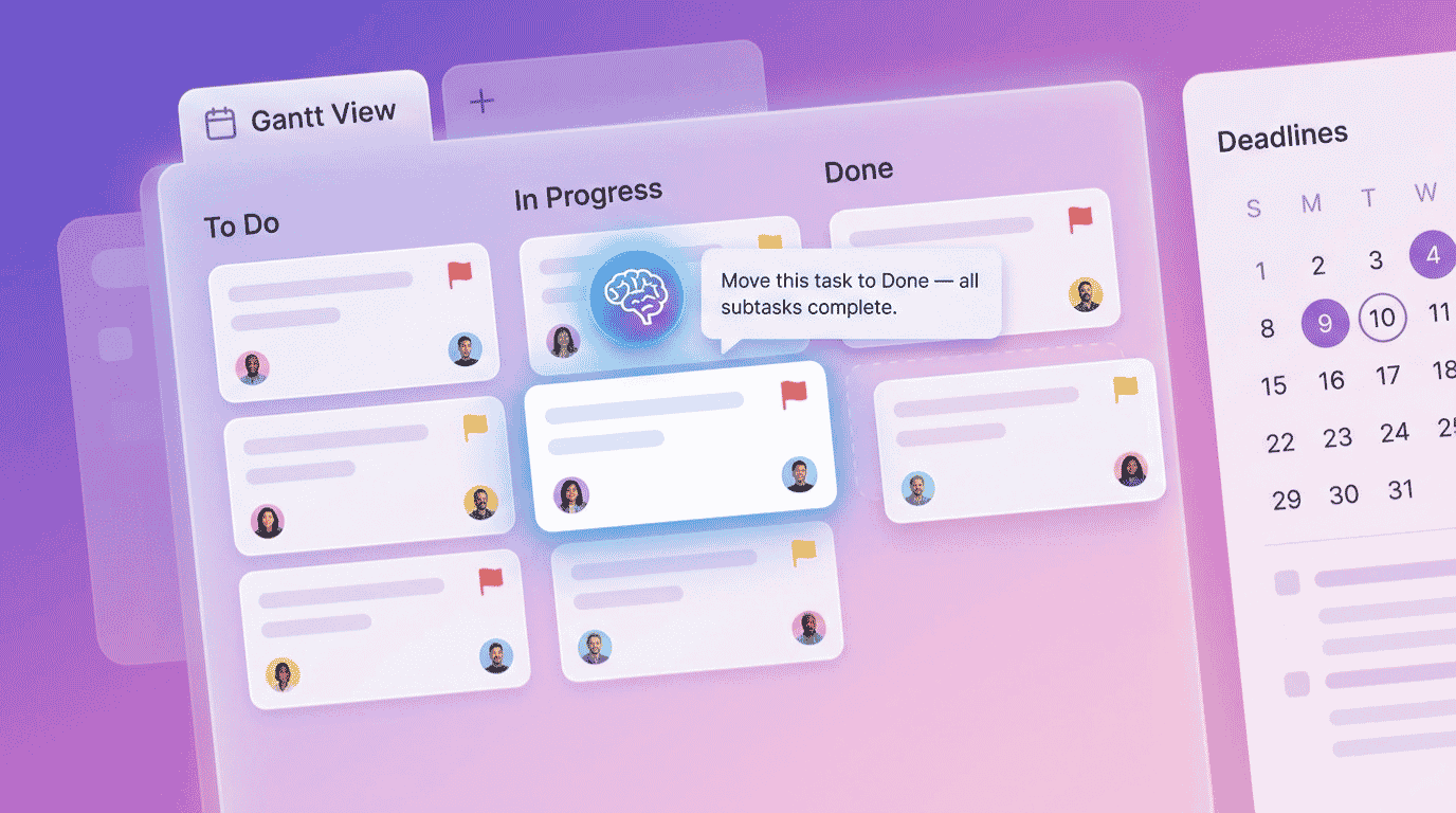 Best AI project management tools for small business 2026 board showing ClickUp tasks, Notion docs and AI automation