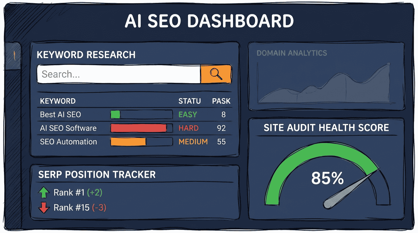 Best AI SEO tools dashboard showing keyword research, rank tracking, and content optimization in 2026