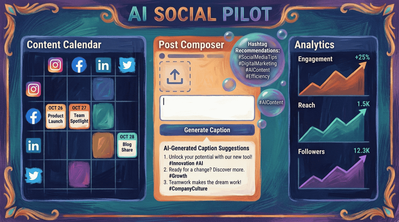 Best AI tools for social media marketing 2026 dashboard showing Canva designs, AI captions and ManyChat Instagram automation