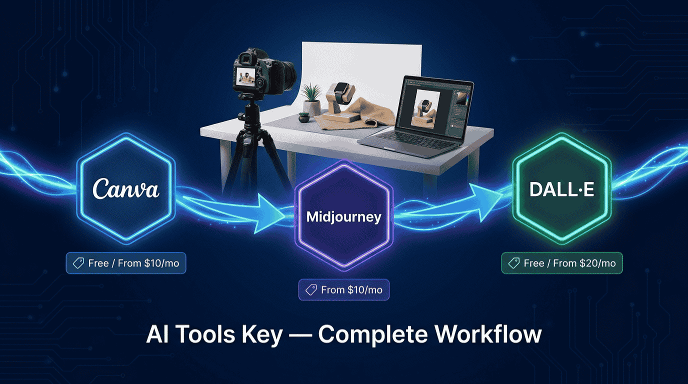 ai tools for ecommerce product photography — complete tool stack with Canva, Midjourney, DALL-E and monthly costs