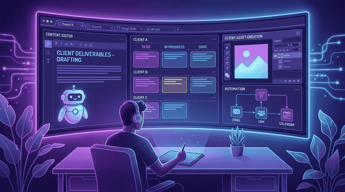 The best AI tools for freelancers and agencies arranged as a five-step client workflow from proposal to delivery