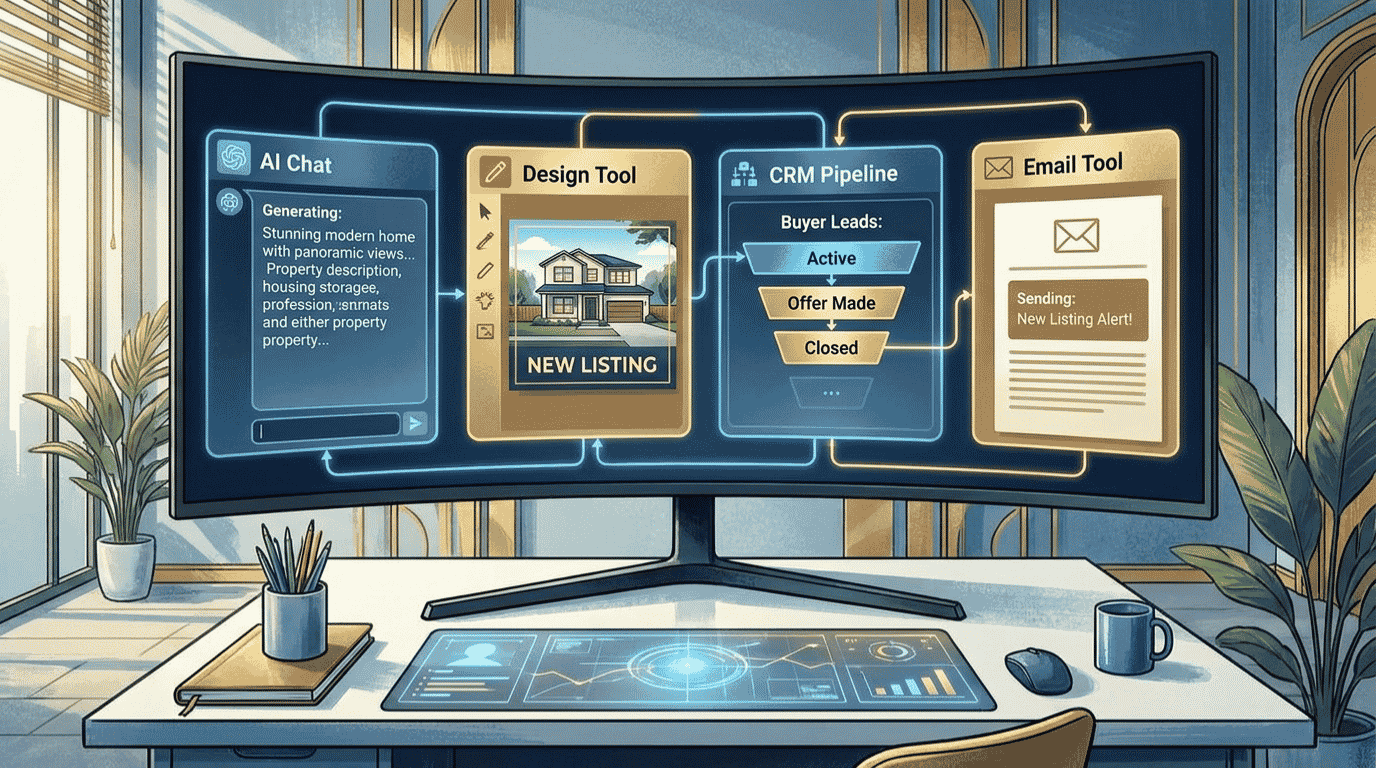 The best AI tools for real estate agents arranged as a four-step workflow from listing copy to closing