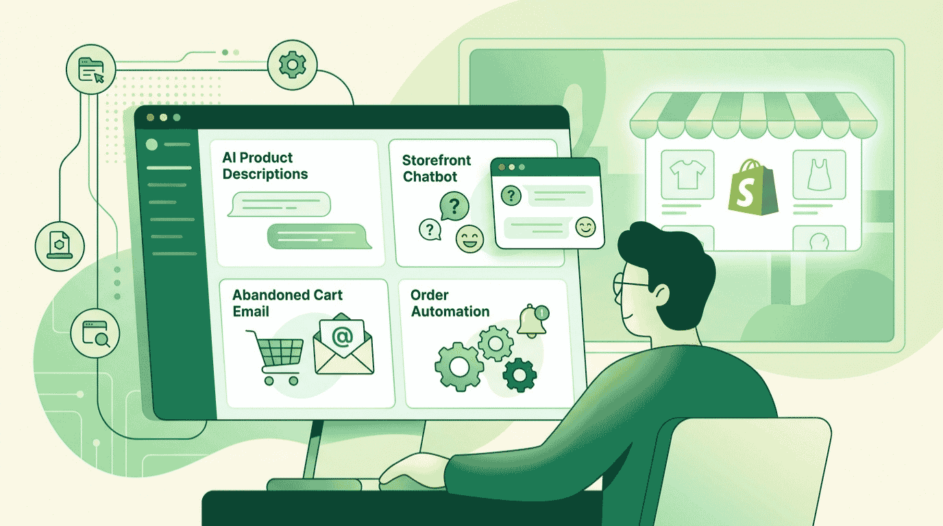 The best AI tools for Shopify store owners arranged as a five-step workflow from product page to repeat sale