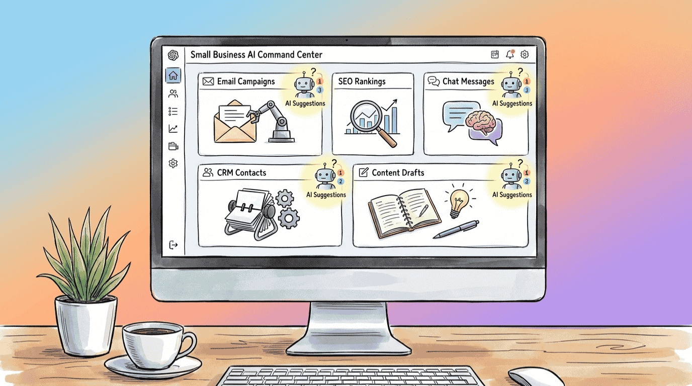 Dashboard illustration of the best AI tools for small business in 2026 including writing, email, automation and CRM