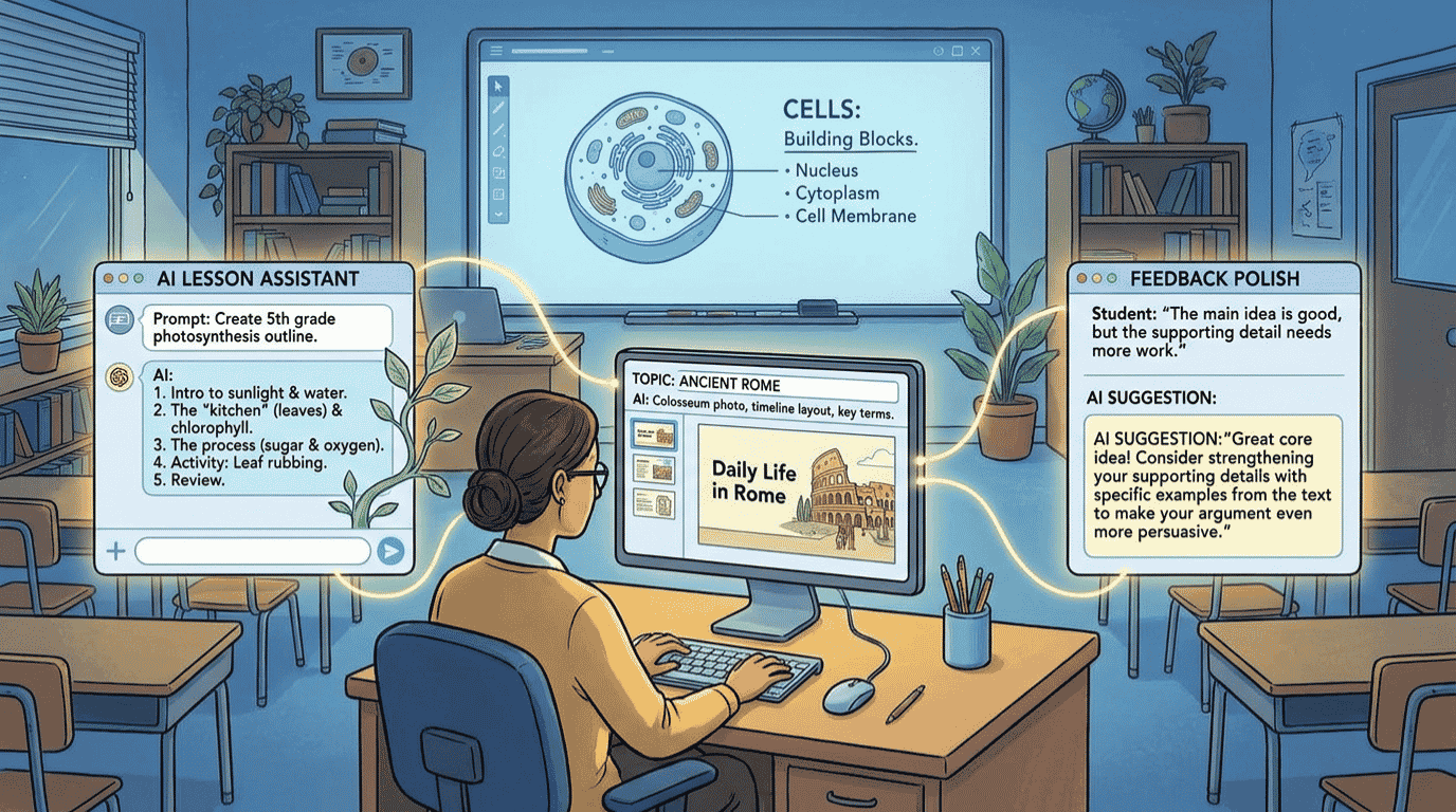 AI teaching workflow showing ChatGPT, Canva, and Grammarly across five classroom steps
