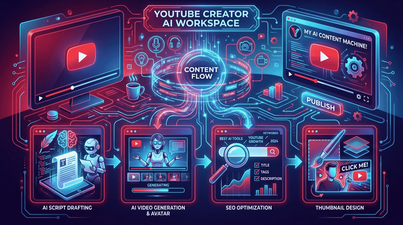 The best AI tools for YouTube creators arranged as a 5-step workflow from idea to published video