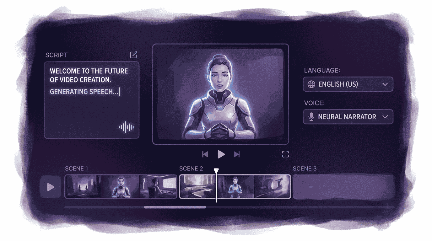 AI video generator interface turning a text script into a marketing video for a small business in 2026