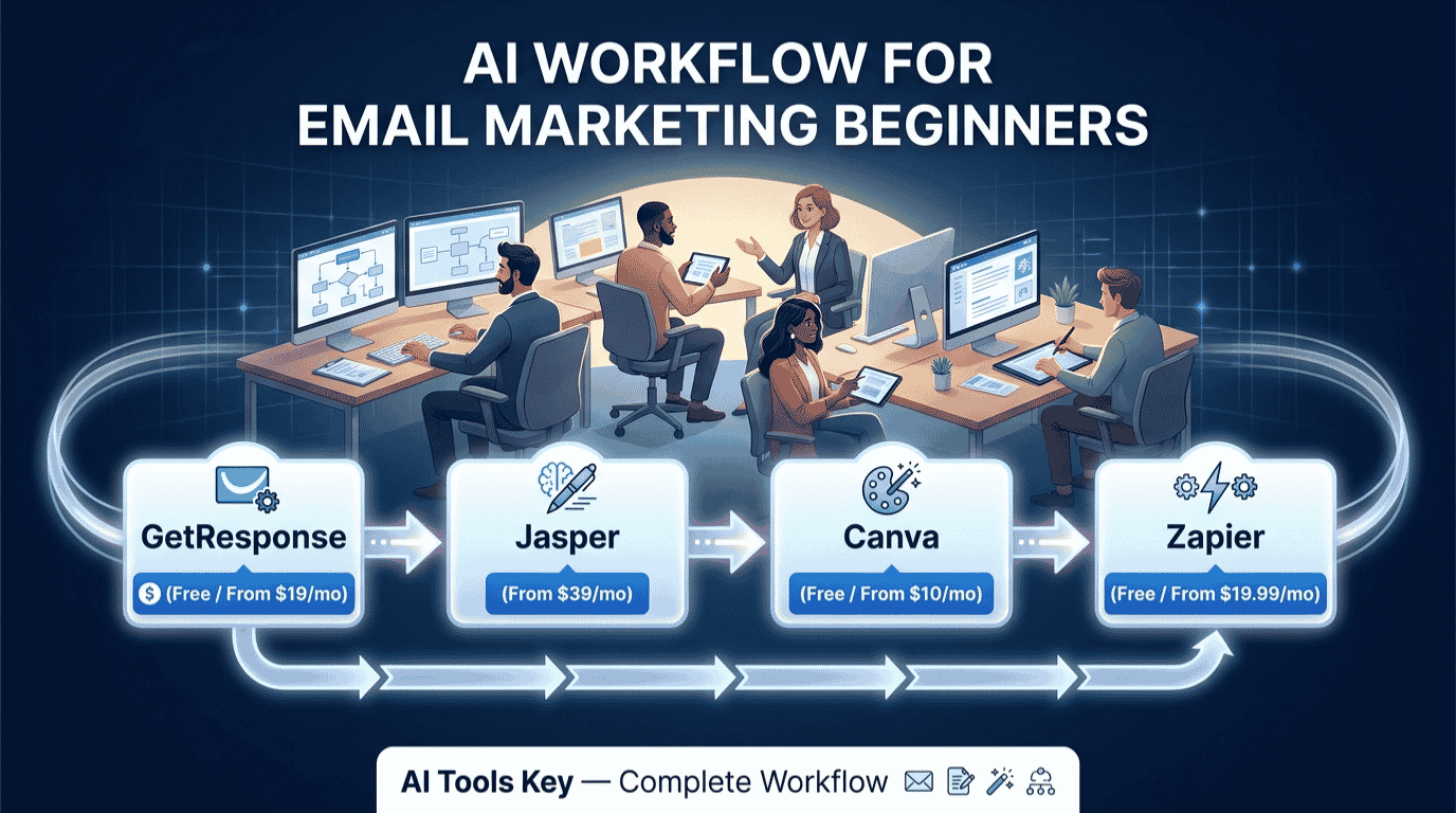 ai workflow for email marketing beginners — complete tool stack with GetResponse, Jasper, Canva and monthly costs