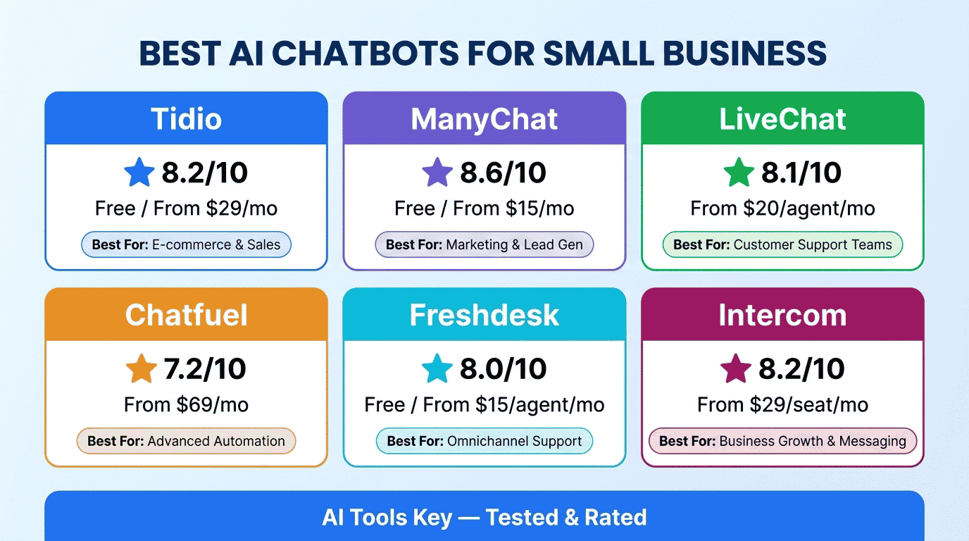 best ai chatbots for small business — comparison of Tidio, ManyChat, LiveChat, Chatfuel and more with ratings, pricing, and recommendations
