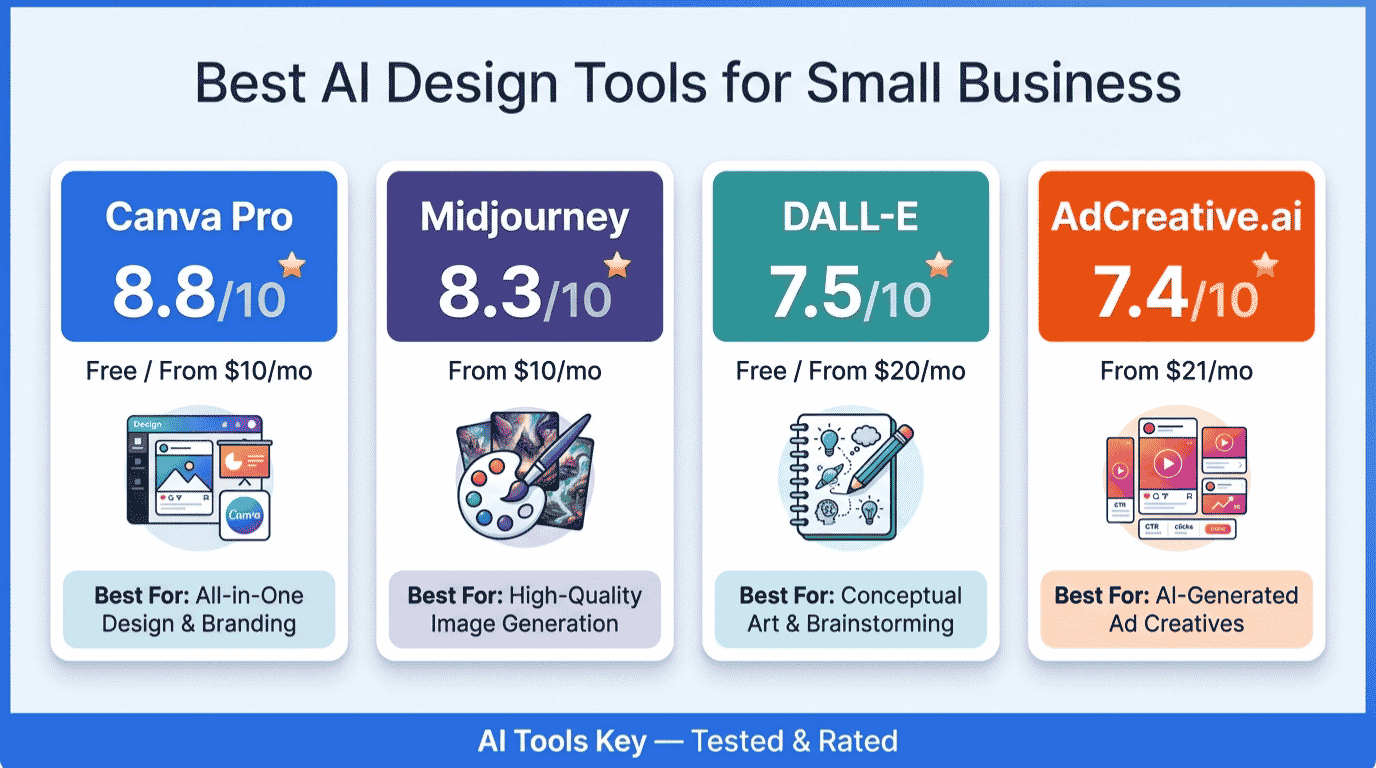 best ai design tools for small business — comparison of Canva Pro, Midjourney, DALL-E, AdCreative.ai and more with ratings, pricing, and recommendations