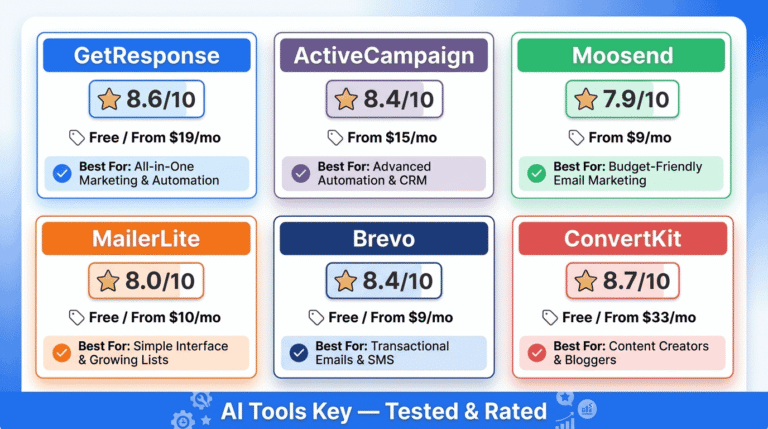 best ai email marketing tools — comparison of GetResponse, ActiveCampaign, Moosend, MailerLite and more with ratings, pricing, and recommendations
