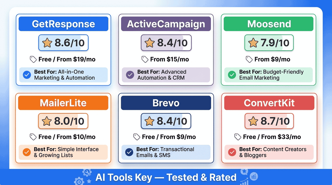 best ai email marketing tools — comparison of GetResponse, ActiveCampaign, Moosend, MailerLite and more with ratings, pricing, and recommendations